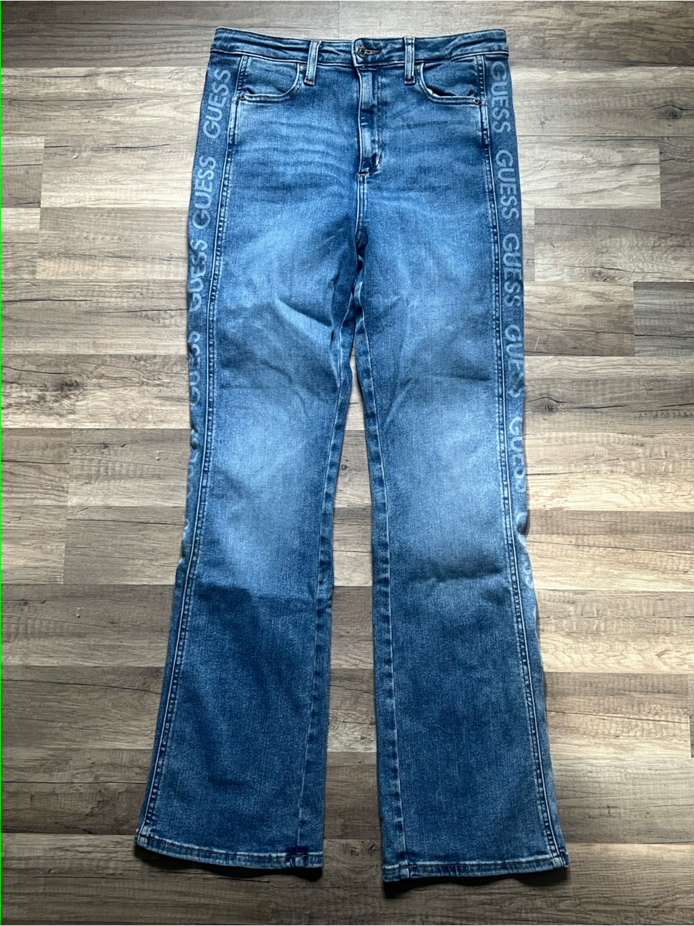 GUESS Blue Logo-Trim Flare Leg Jeans